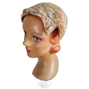 Vintage 1950s Champagne Sequin Cocktail Hat with Pearl Dangles